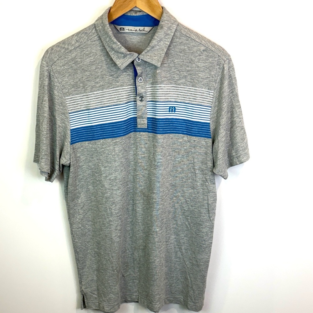Travis Mathew Men's Gray and Blue Striped Polo Golf Shirt size M